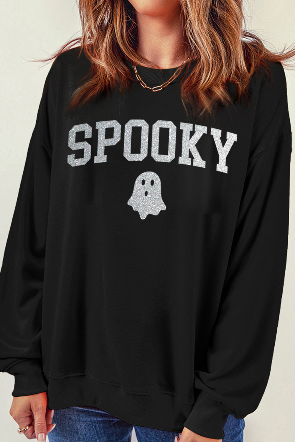 Black SPOOKY Ghost Glitter Pattern Crew Neck Halloween Sweatshirt