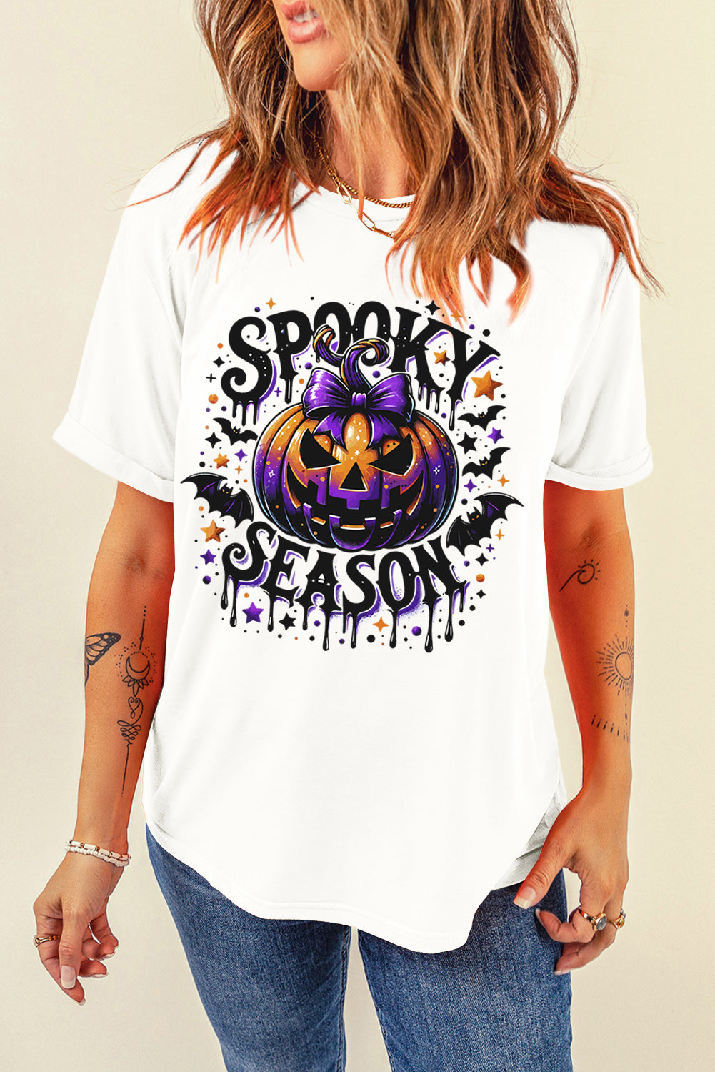 White SPOOKY SEASON Pumpkin Bat Pattern Halloween T Shirt