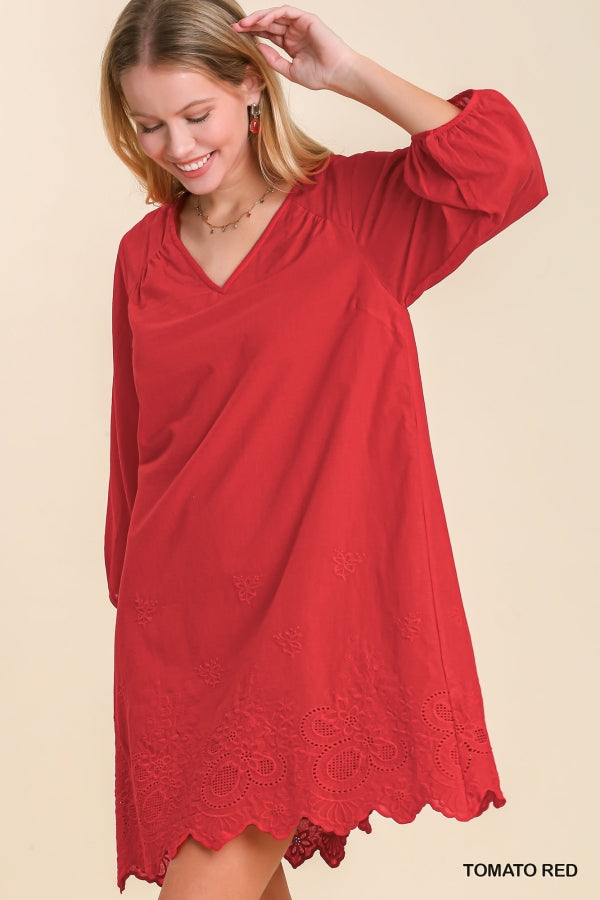 Umgee V-Neck 3/4 Puff Sleeve Dress with Back Keyhole at Bottom & Ruching Detail at Shoulder