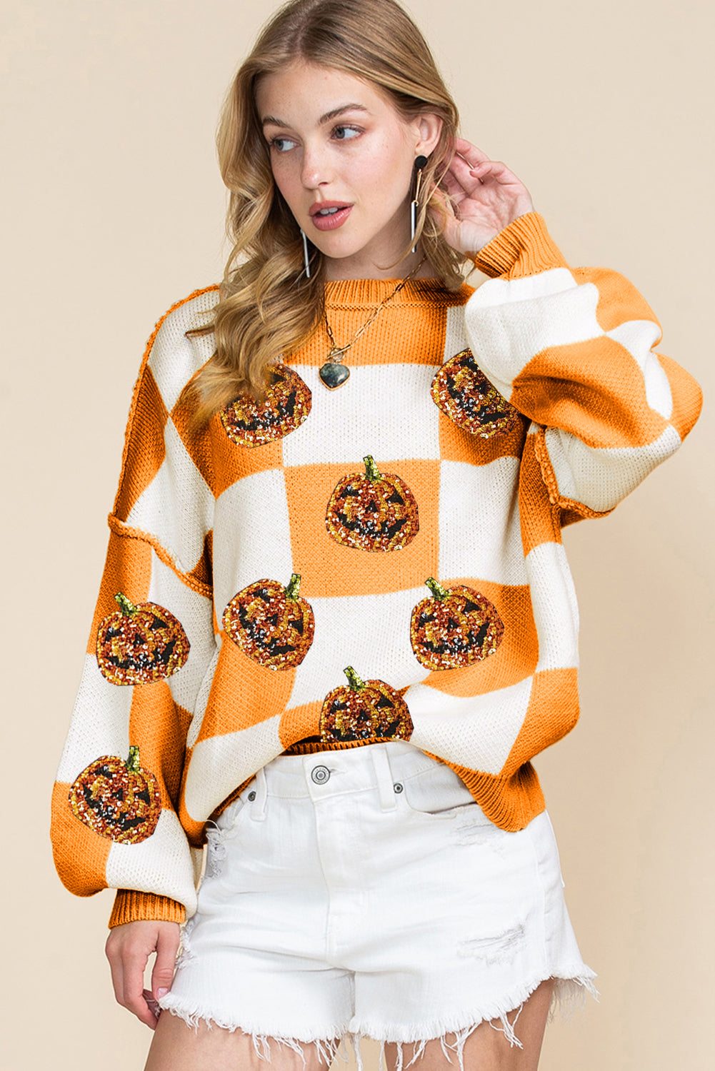 Grapefruit Orange Sequined Halloween Pumpkin Checkered Sweater