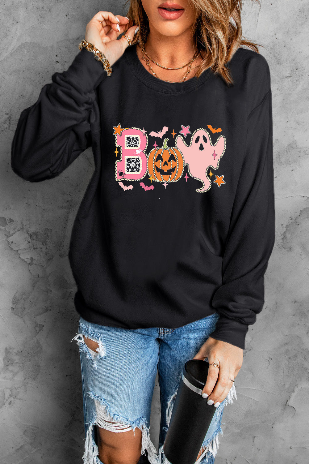 Black BOO Pumpkin Ghost Print Graphic Halloween Sweatshirt