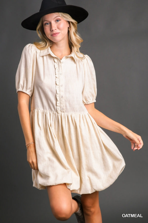 Umgee Bubble Hem Linen Collared Dress with Short Cuffed Sleeve
