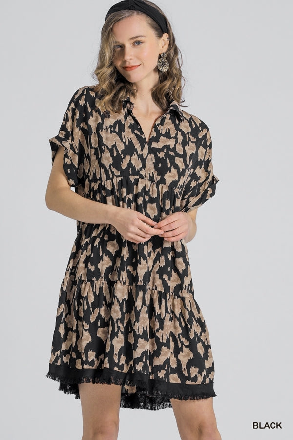 Umgee Animal Print Collared Split Neck Tiered Dress with Frayed Hem