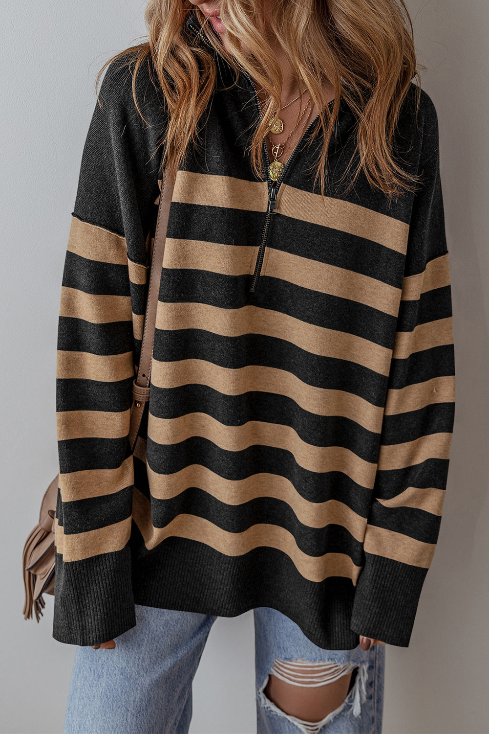 Green Striped Collared Quarter Zip Oversized Sweater