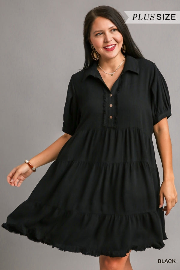 Umgee Linen Collared Tiered Dress with Pleated Sleeves & Coconut Button