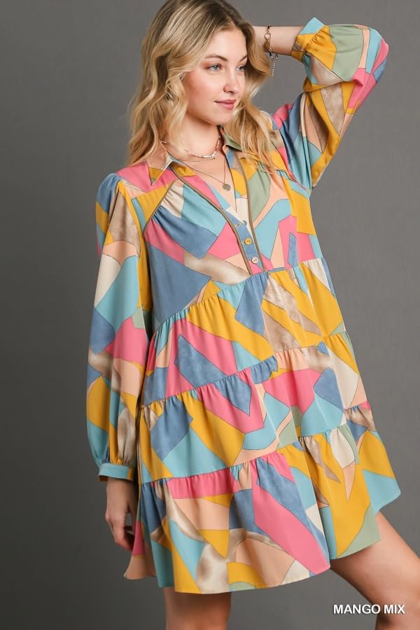 Umgee USA Abstract Printed Collared Long Sleeve Dress