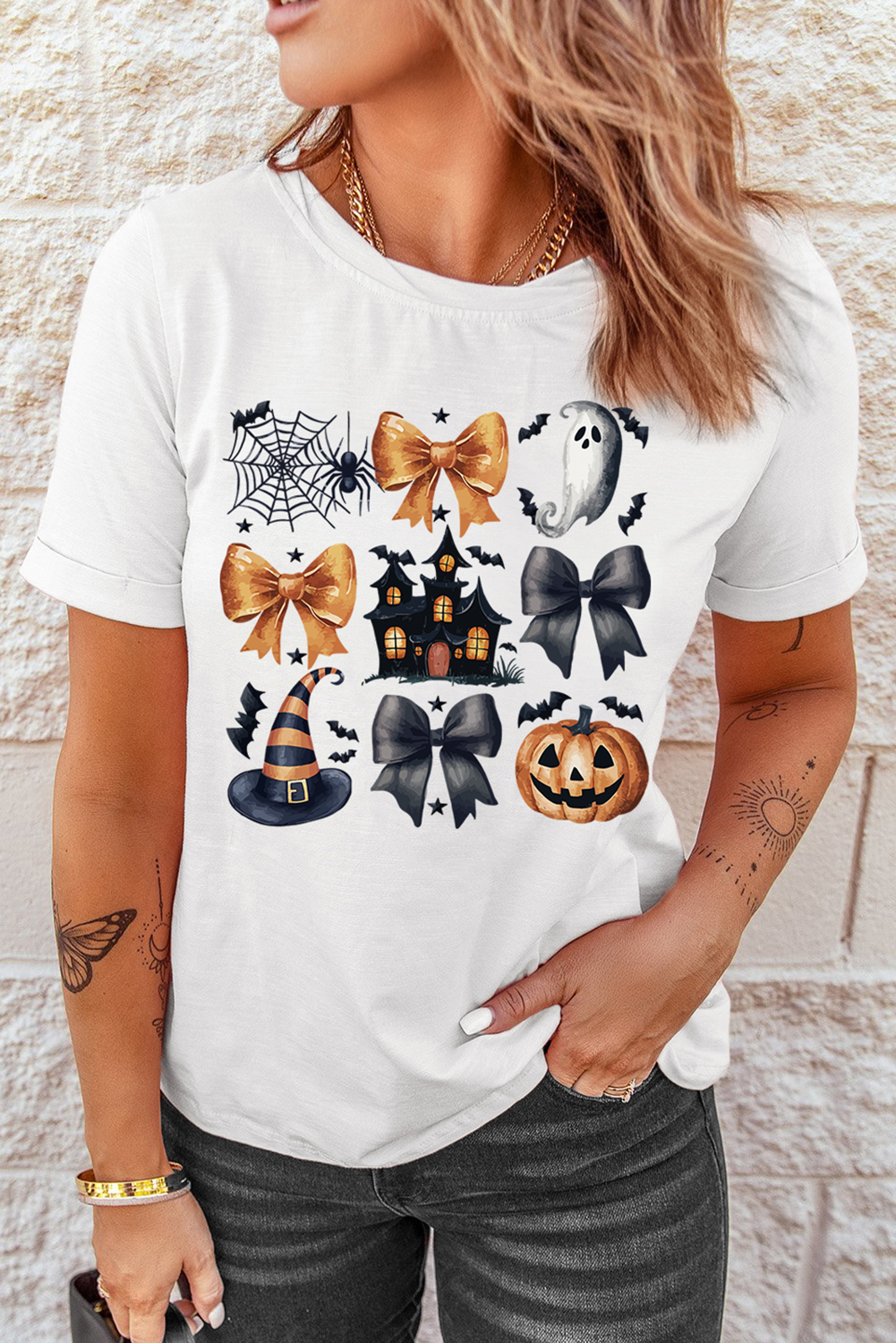 White Halloween Pattern Print Crew Neck T Shirt