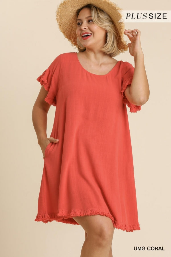 Umgee Linen Blend Short Ruffle Sleeve Round Neck Dress with Ruffle Hem