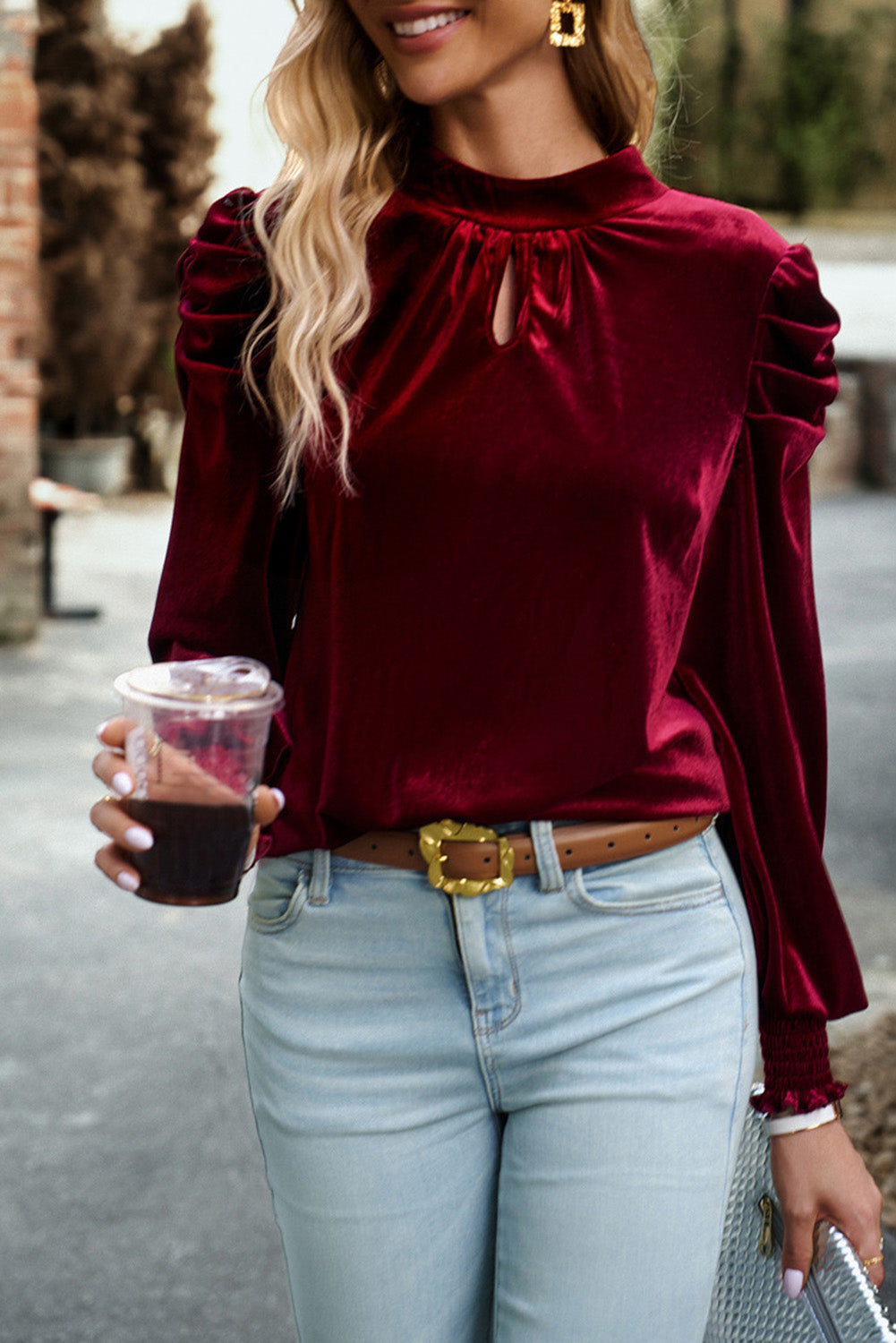 Navy Blue Mock Keyhole Neck Puff Sleeve Velvet Blouse