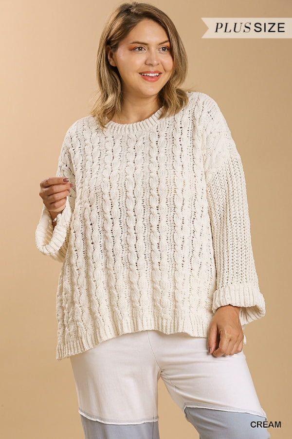Umgee Cuffed Long Sleeve Chenille Cable Knit Pullover Sweater