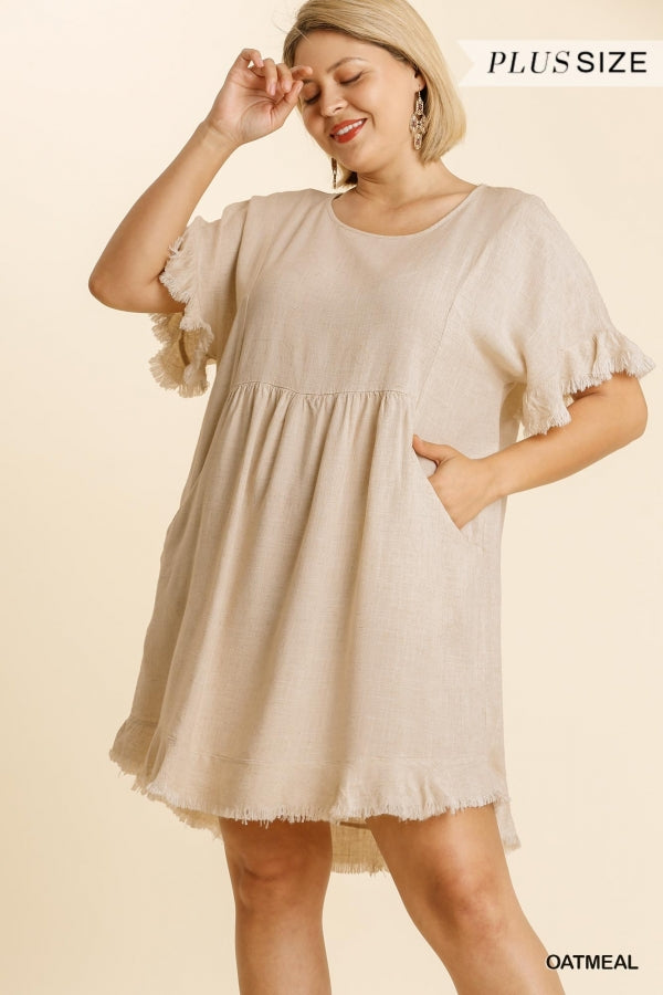 Umgee Linen Blend Round Neck Lining Detail Pocket Dress with Frayed Hem