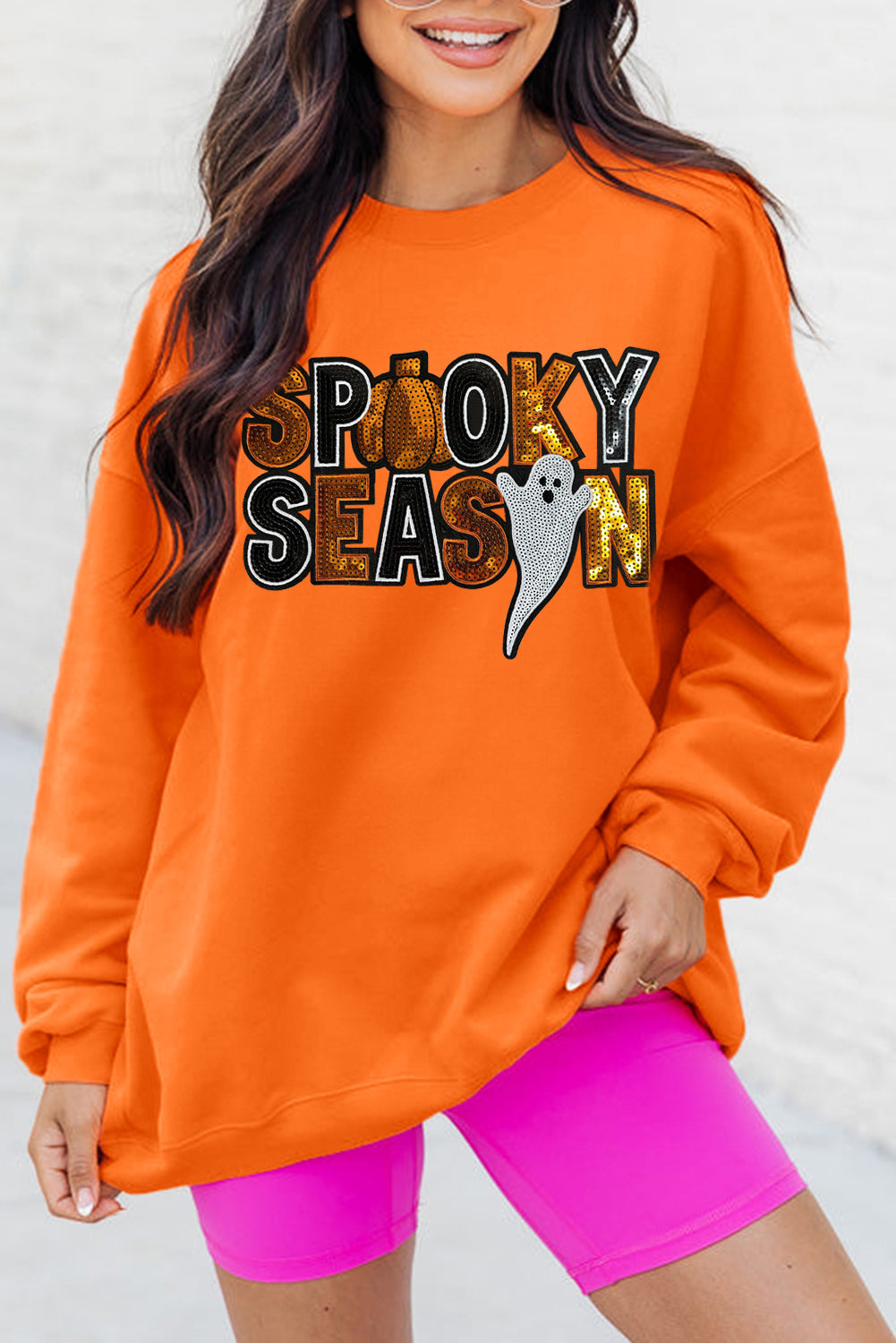 Russet Orange Sequin SPOOKY SEASON Ghost Halloween Graphic Sweatshirt