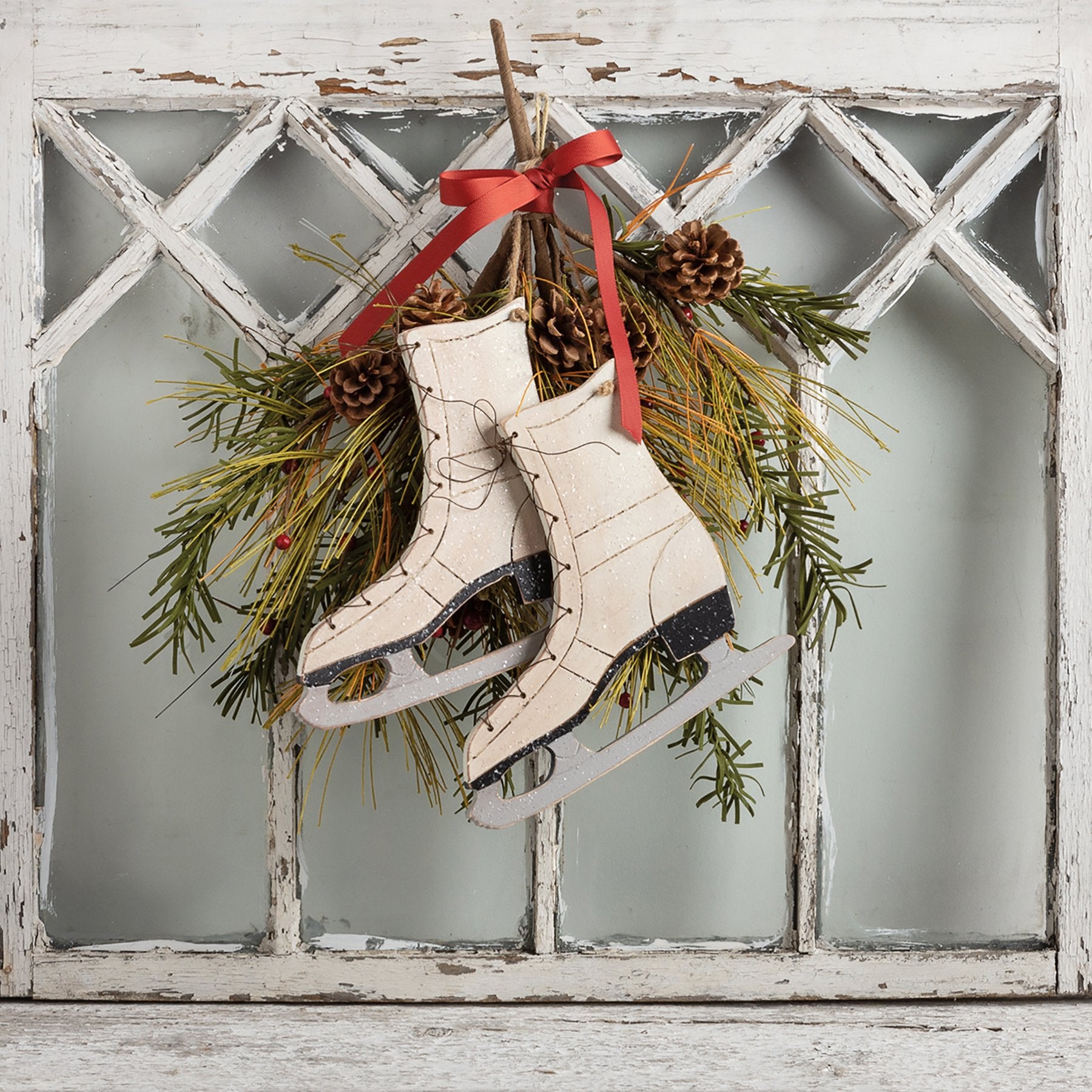 Charming Hand-Carved Wooden Ice Skates Wall Decor with Snowflake Accents