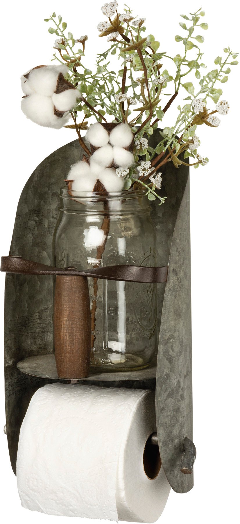 Farmhouse Style Distressed Metal Scoop Toilet Paper Holder with Top Shelf Decor