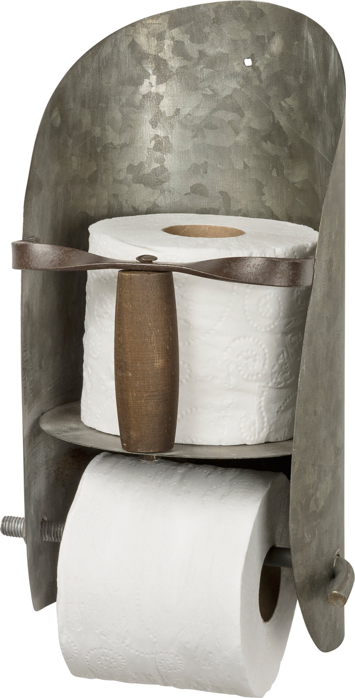 Farmhouse Style Distressed Metal Scoop Toilet Paper Holder with Top Shelf Decor