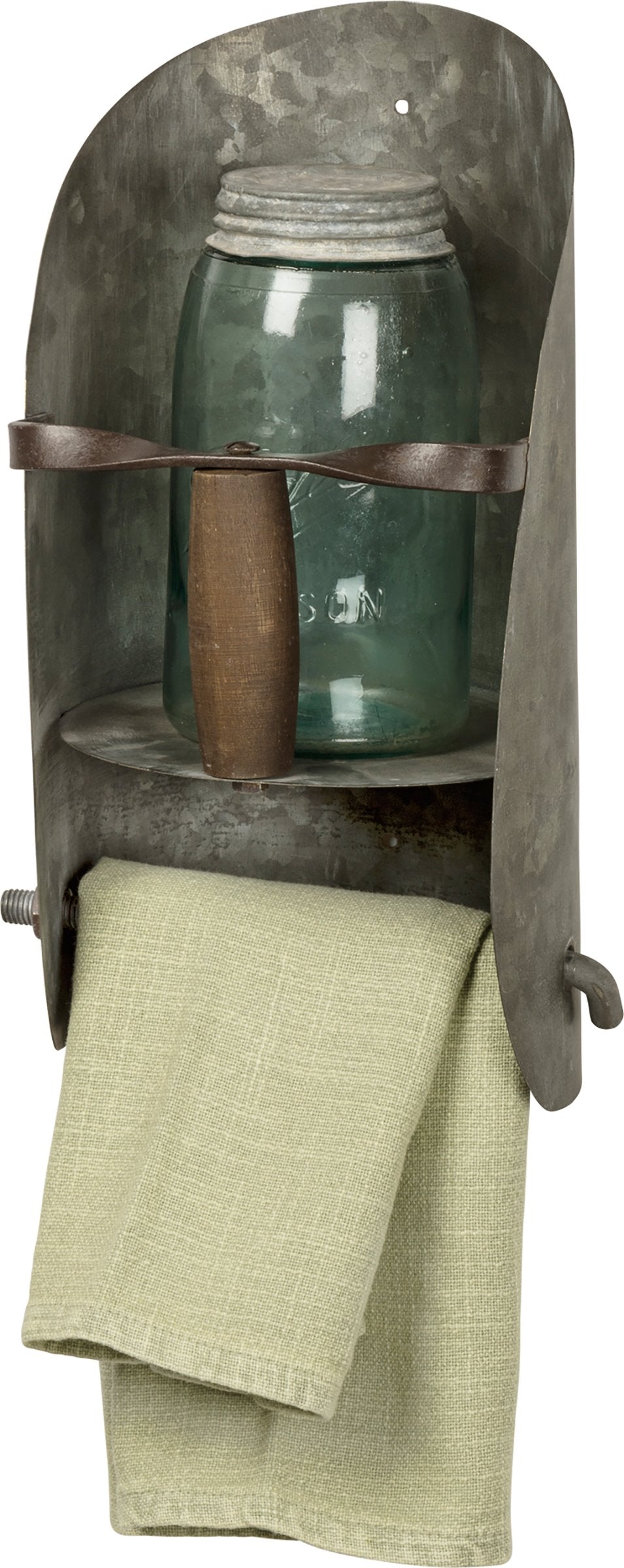 Farmhouse Style Distressed Metal Scoop Toilet Paper Holder with Top Shelf Decor