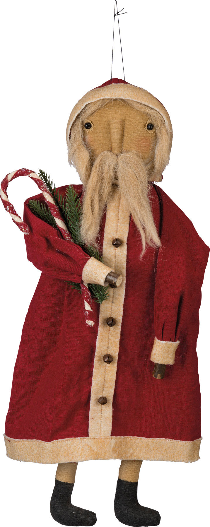Charming Primitive Santa Doll with Candy Cane & Evergreen Details, Timeless Holiday Decor