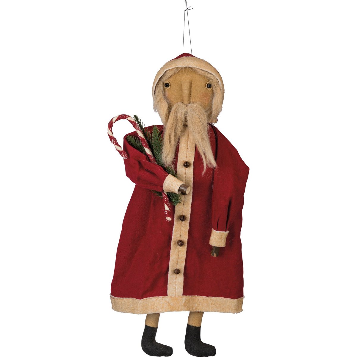 Charming Primitive Santa Doll with Candy Cane & Evergreen Details, Timeless Holiday Decor