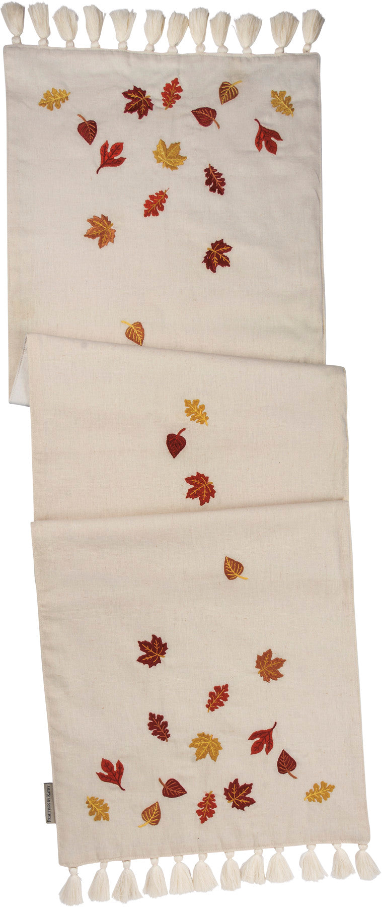 Elegant Falling Leaves Linen Blend Table Runner with Embroidered Metallic Tassel Trim