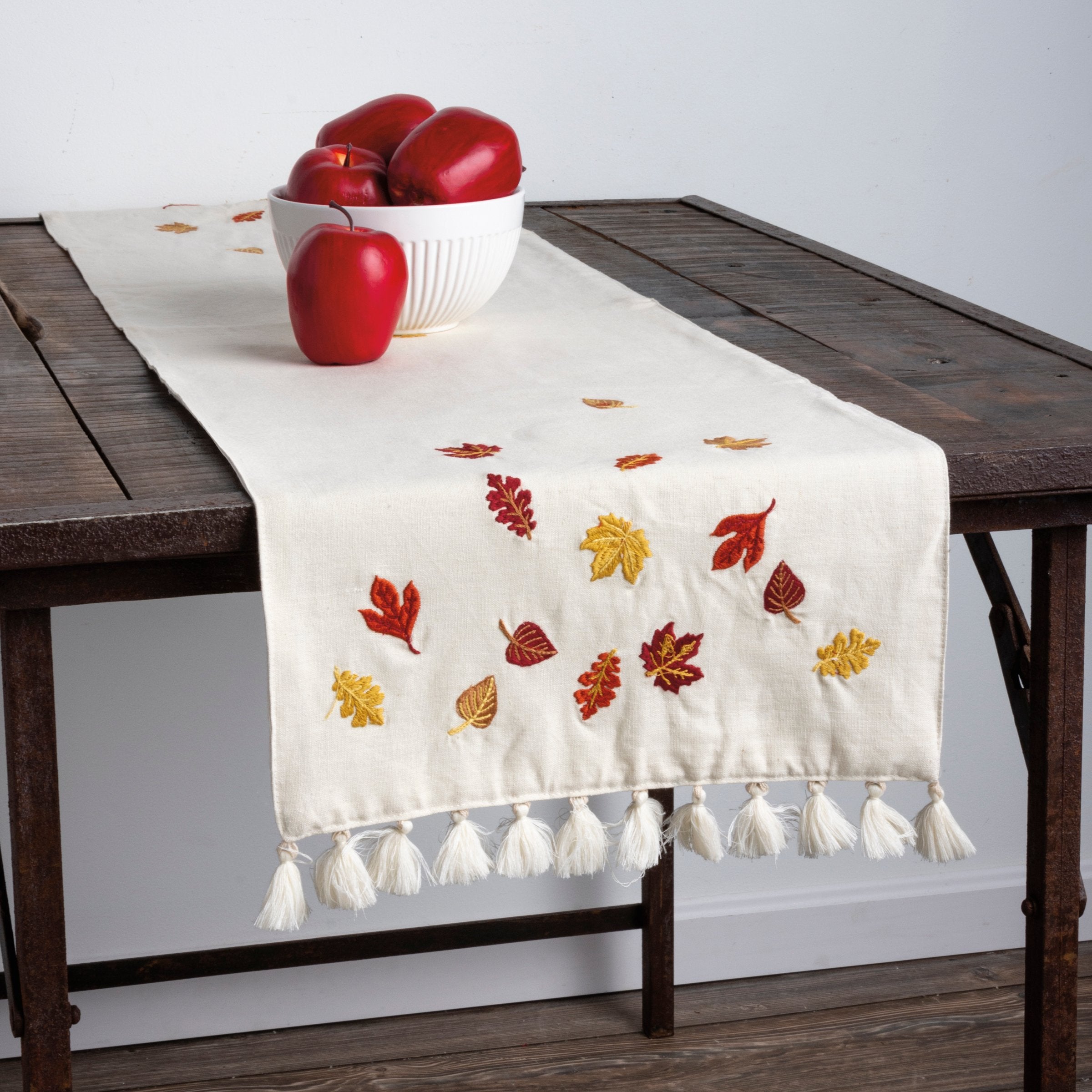 Elegant Falling Leaves Linen Blend Table Runner with Embroidered Metallic Tassel Trim