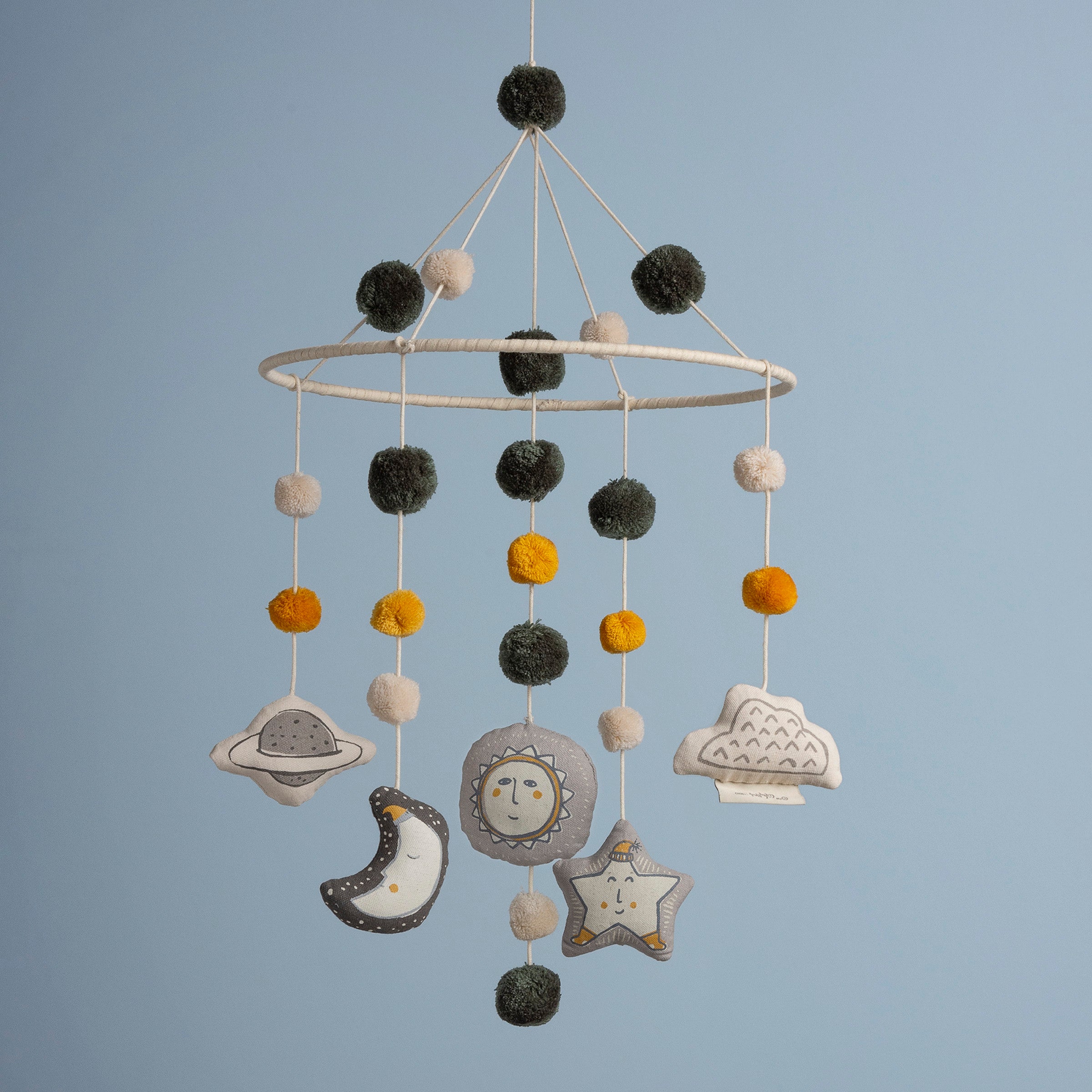 Charming Galaxy Nursery Mobile - Yellow & Gray Celestial Pom Pom Crib Decor