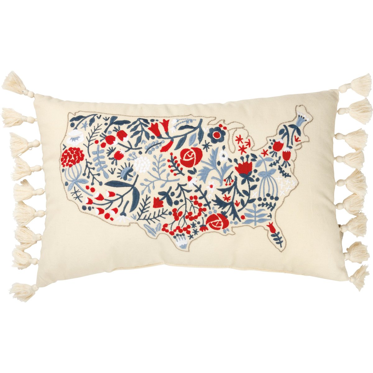 Patriotic Floral USA Map Cotton Linen Pillow with Tassels, Embroidered Accent Decor