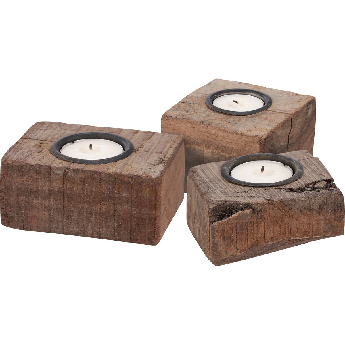 Rustic Wood Block Tealight Candle Holder - Distressed Metal Primitive Home Decor