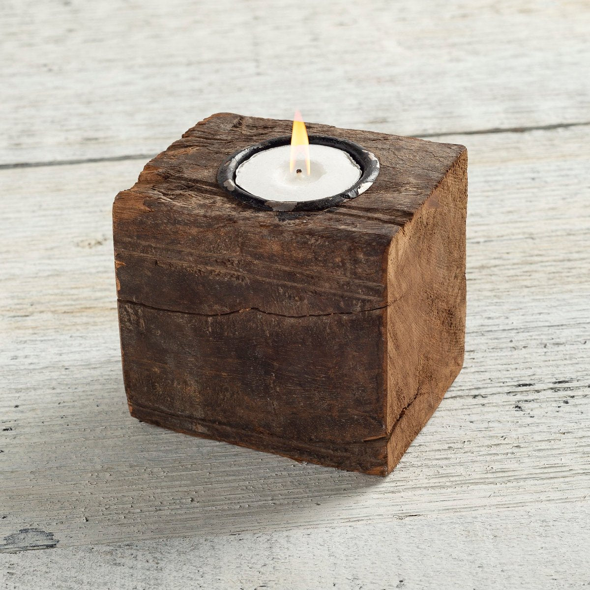 Rustic Wood Block Tealight Candle Holder - Distressed Metal Primitive Home Decor