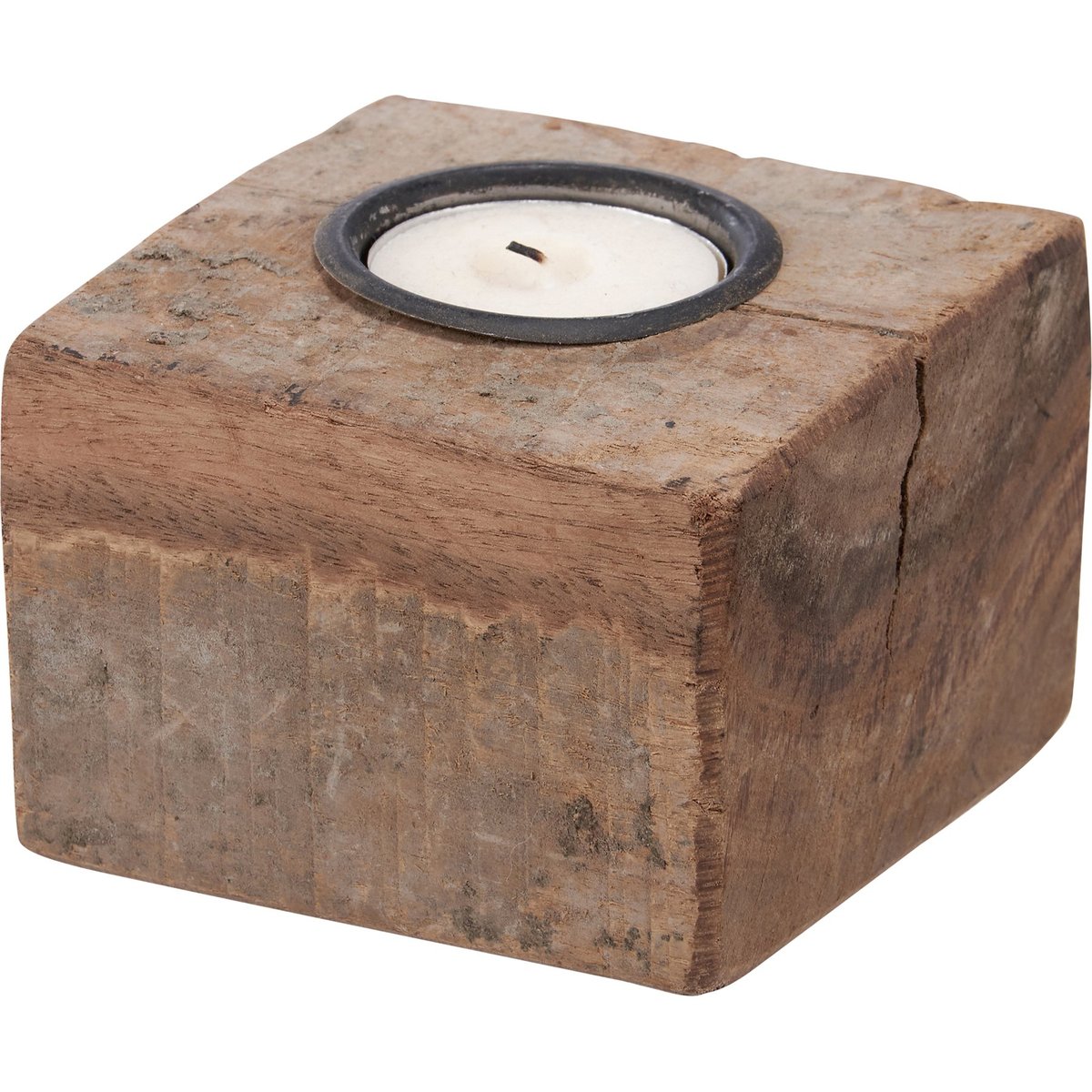 Rustic Wood Block Tealight Candle Holder - Distressed Metal Primitive Home Decor