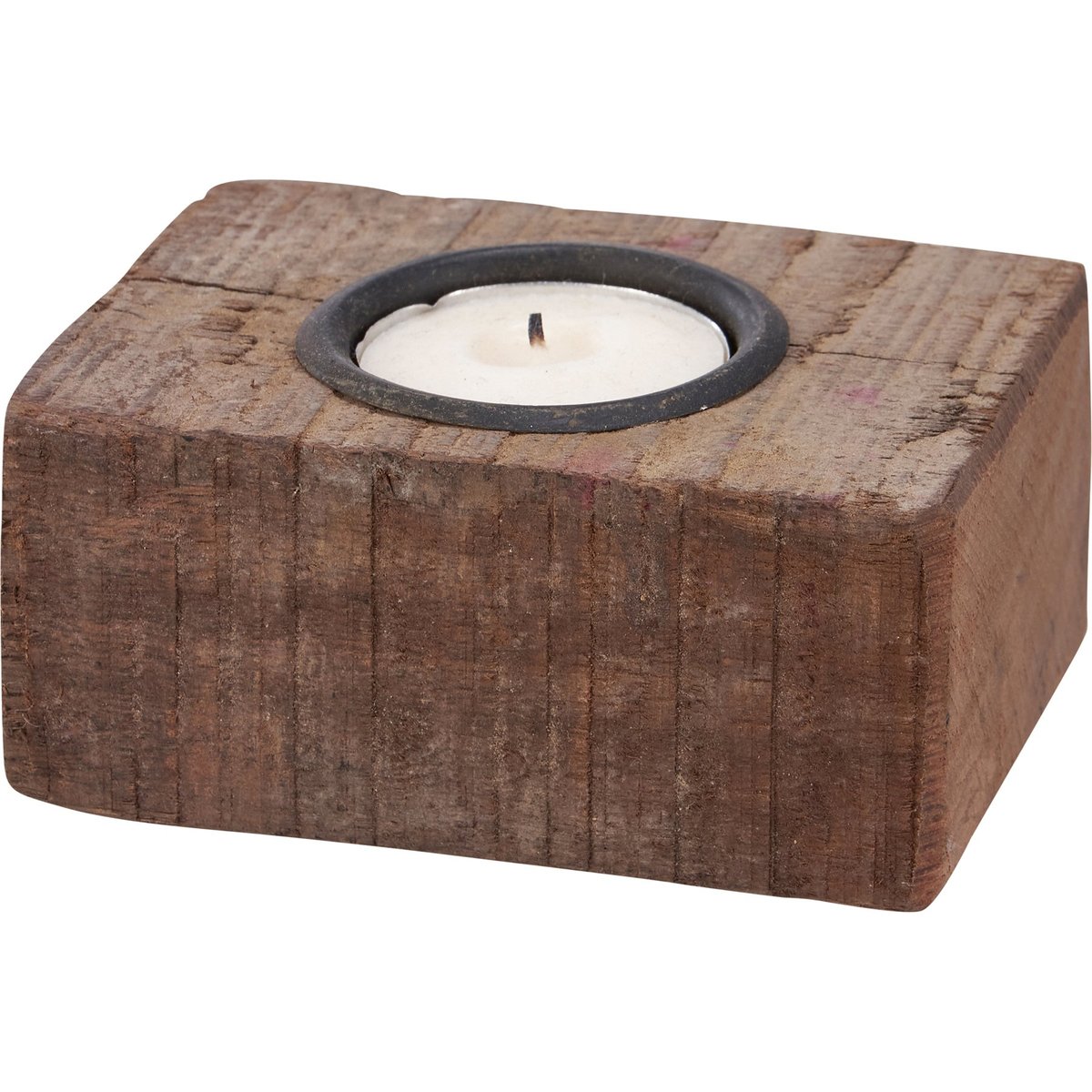 Rustic Wood Block Tealight Candle Holder - Distressed Metal Primitive Home Decor