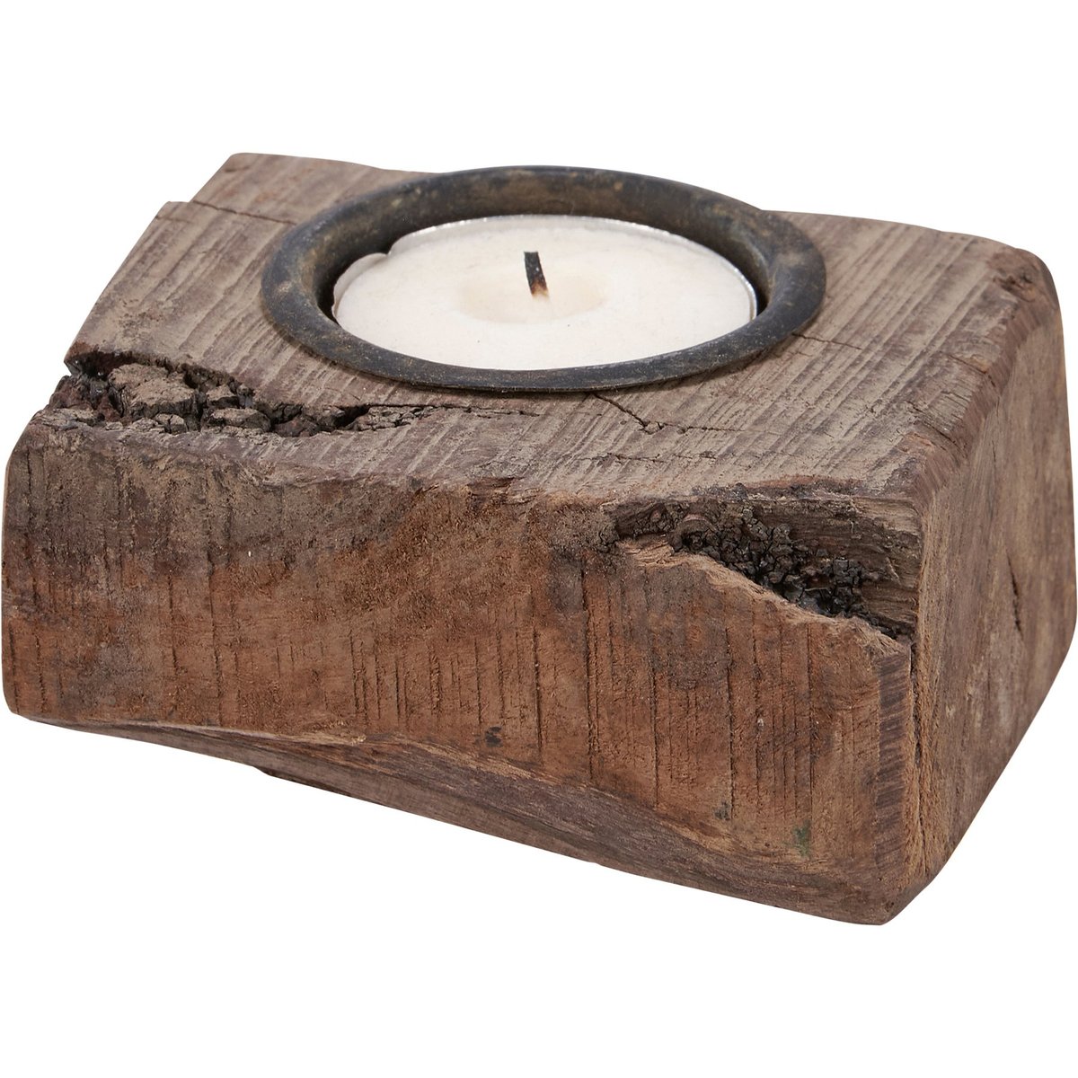 Rustic Wood Block Tealight Candle Holder - Distressed Metal Primitive Home Decor