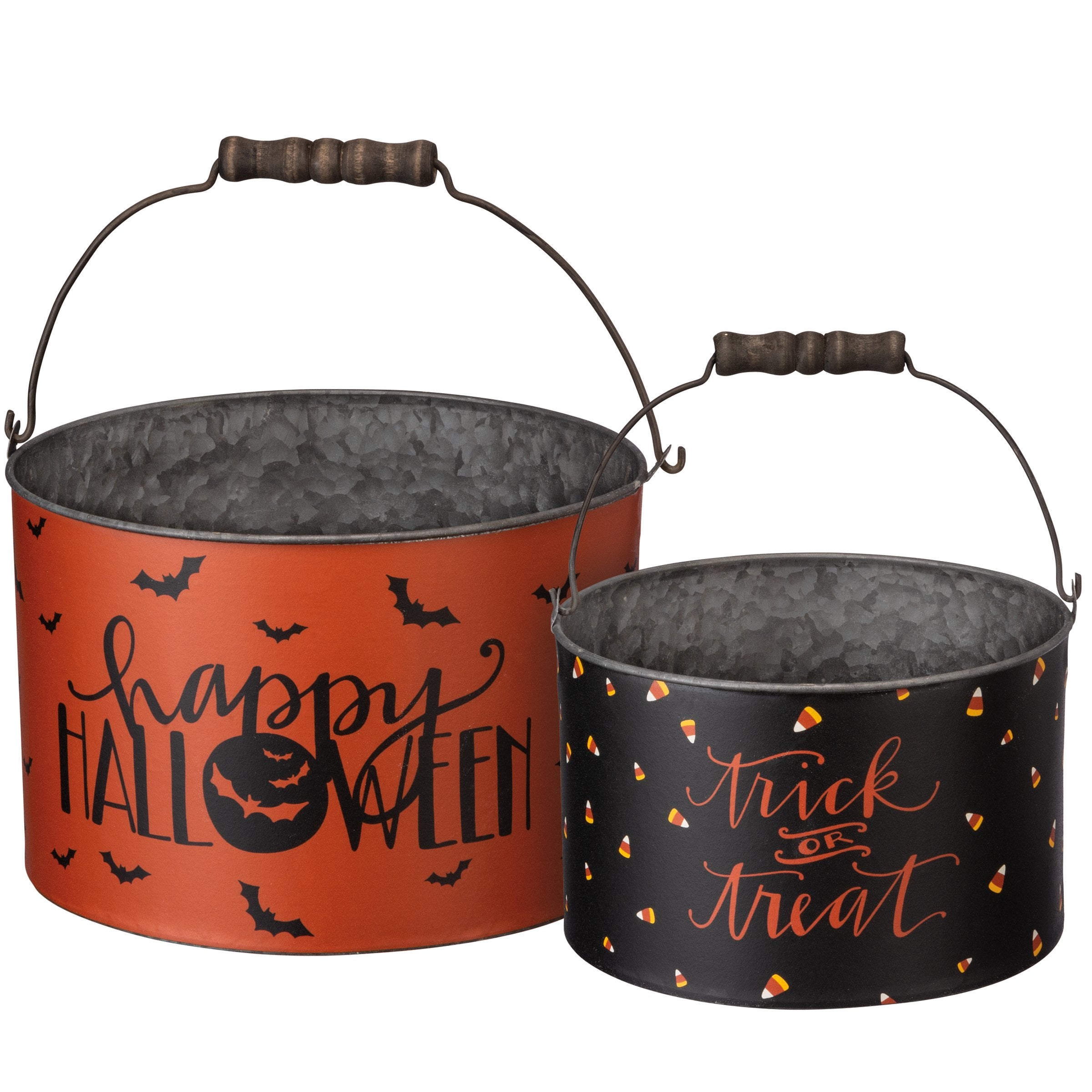 Primitives by Kathy Halloween Metal Trick or Treat Buckets Set with Wooden Handles