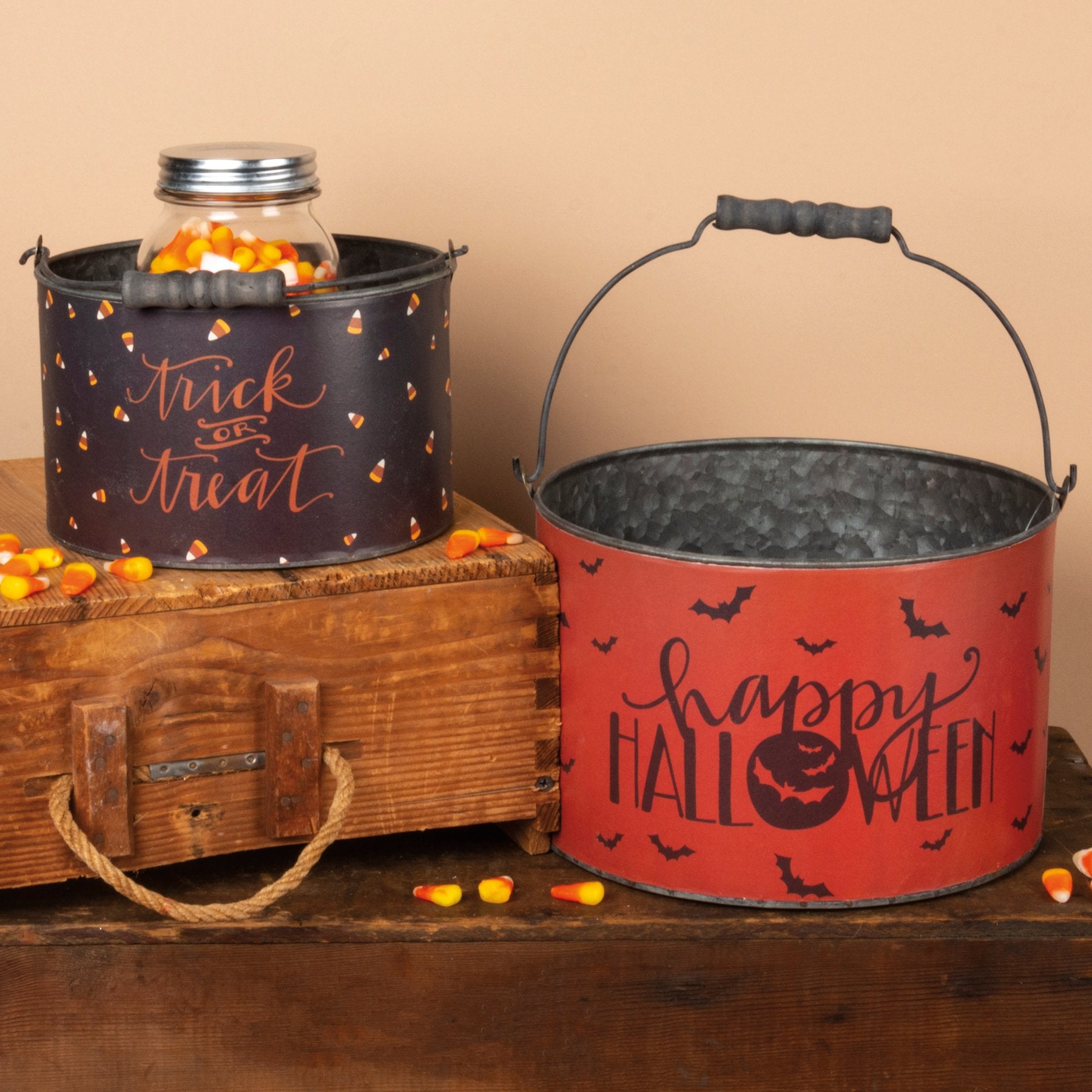 Primitives by Kathy Halloween Metal Trick or Treat Buckets Set with Wooden Handles