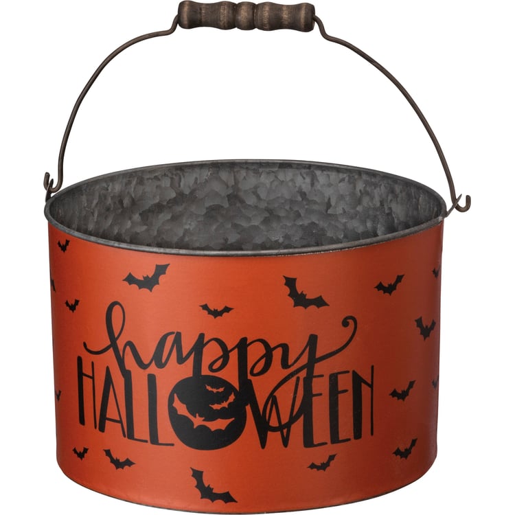 Primitives by Kathy Halloween Metal Trick or Treat Buckets Set with Wooden Handles