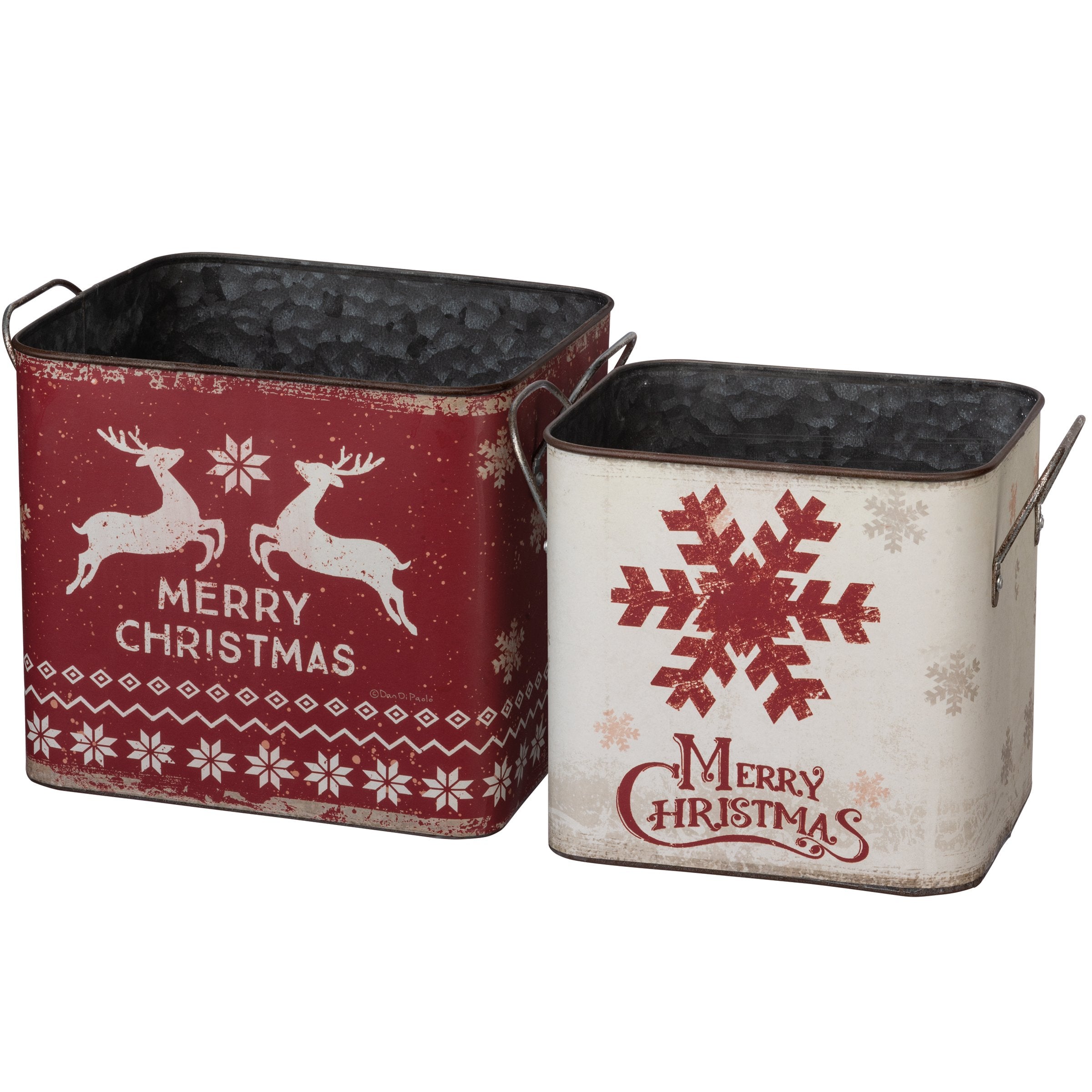 Festive Nordic Merry Christmas Metal Bin Set with Snowflake Designs