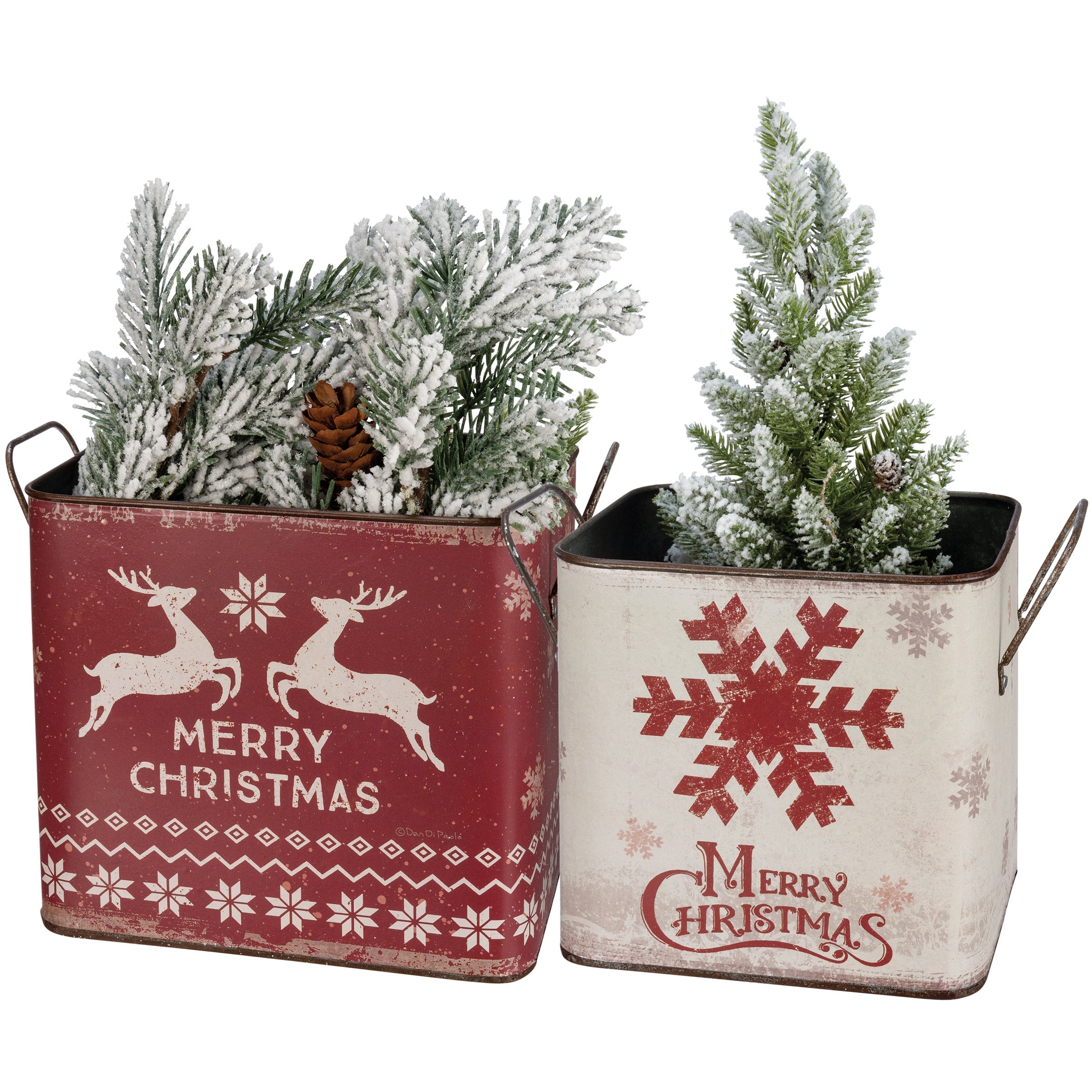 Festive Nordic Merry Christmas Metal Bin Set with Snowflake Designs