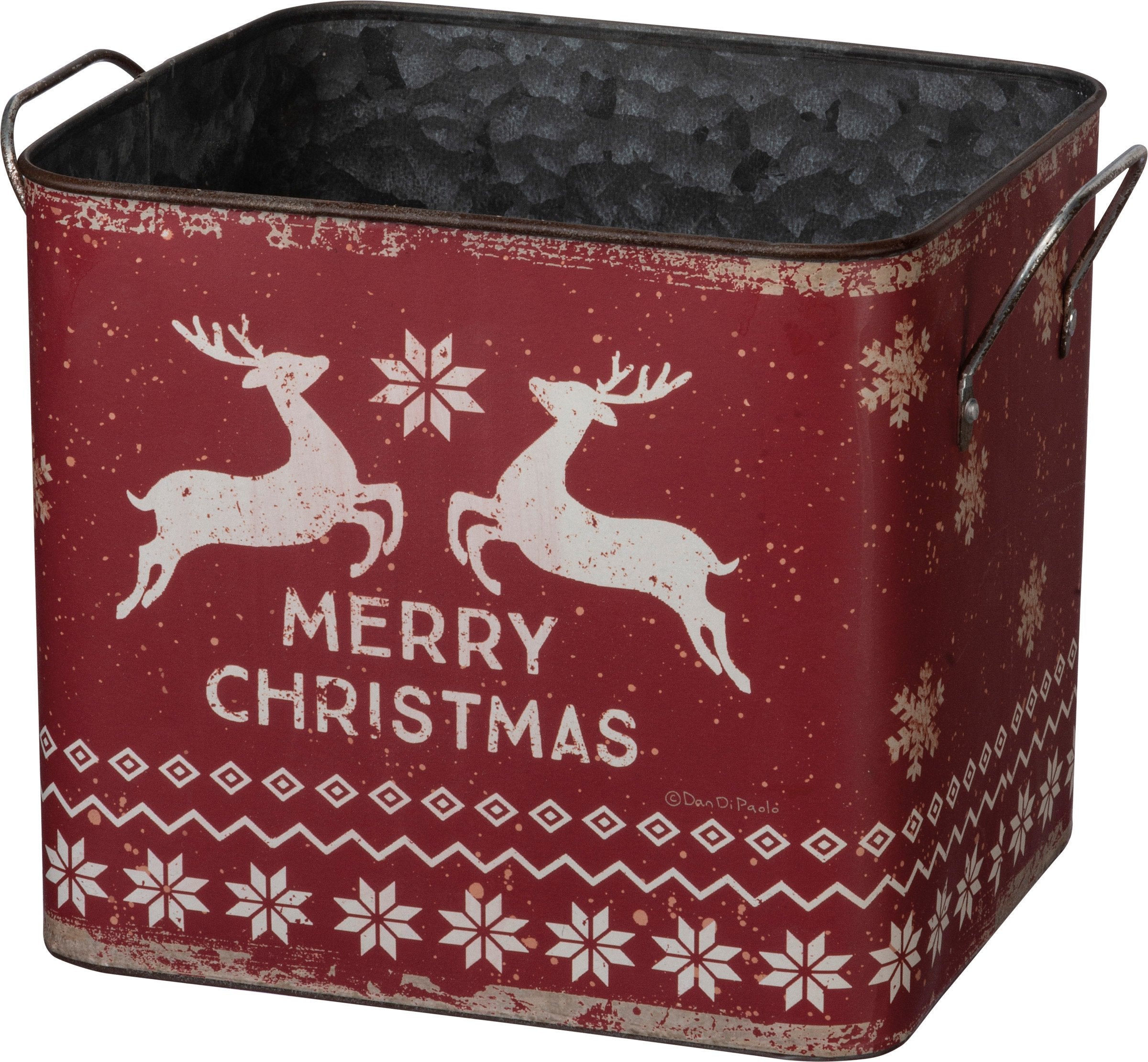 Festive Nordic Merry Christmas Metal Bin Set with Snowflake Designs