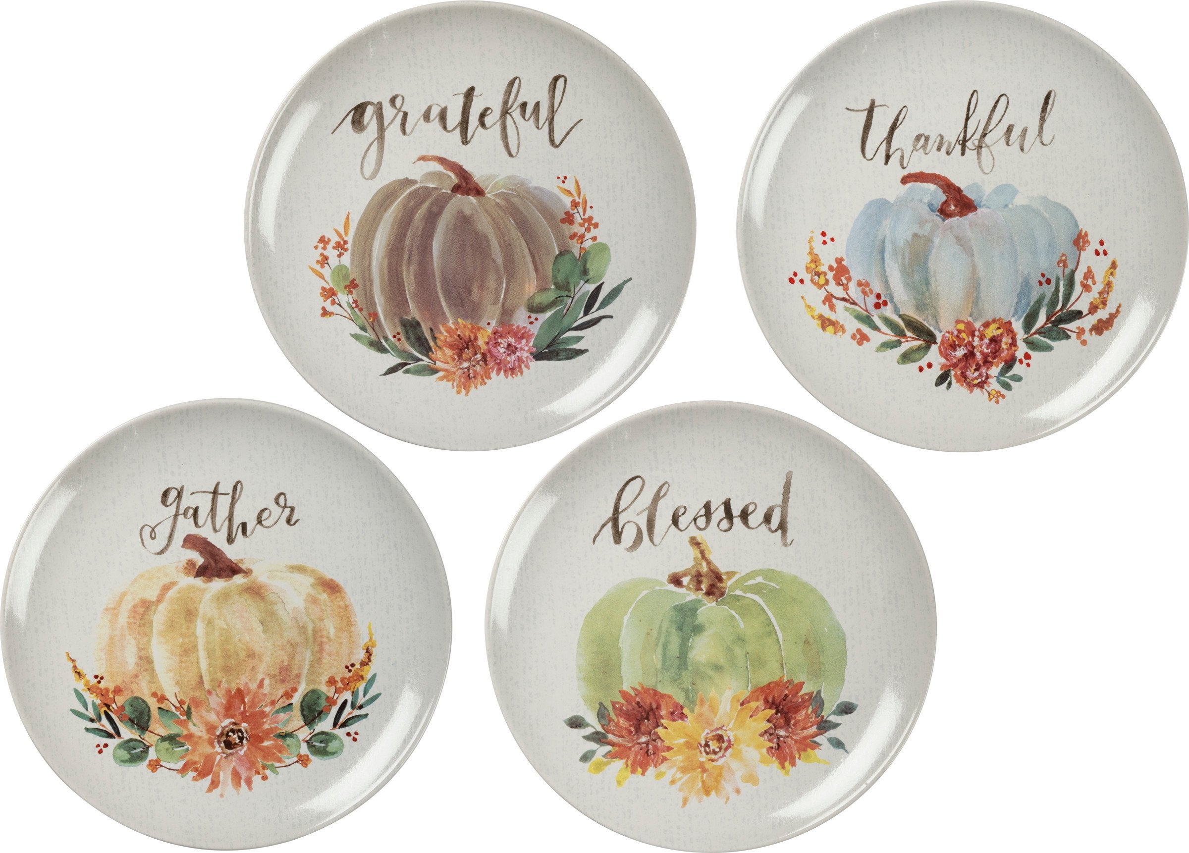 Charming Watercolor Pumpkin Stoneware Plate Set - Thankful Grateful Blessed Gather