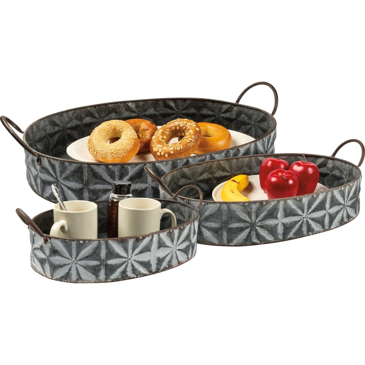 Rustic Farmhouse Style Nesting Metal Trays - Set of 3 with Star Pattern
