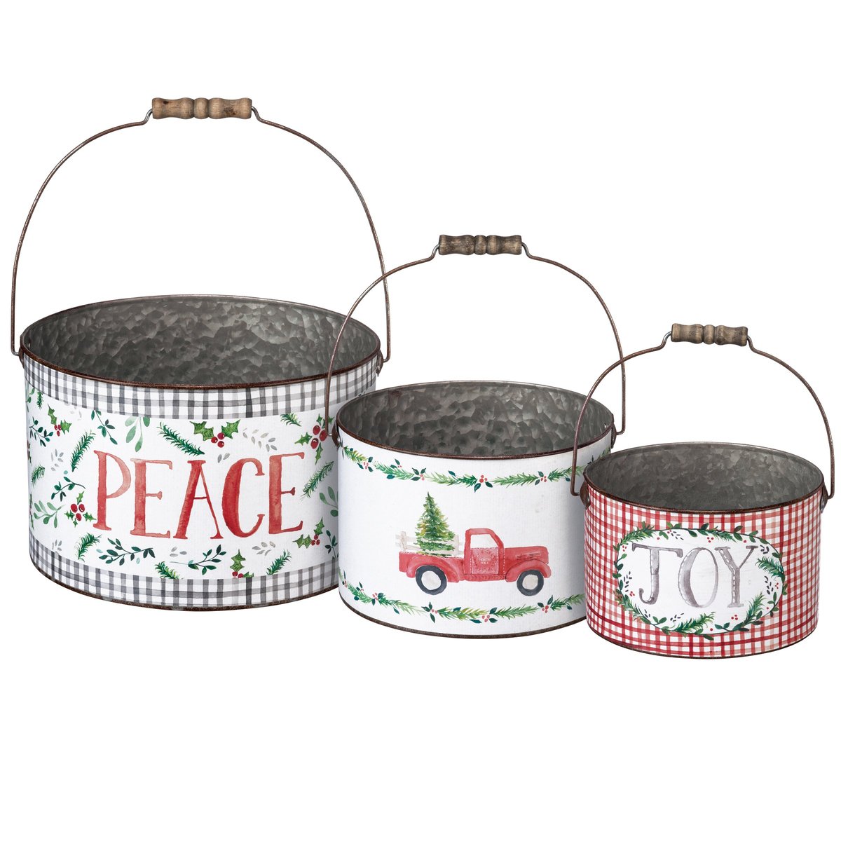 Festive Watercolor Joy & Peace Holiday Bucket Set - Galvanized Metal Storage