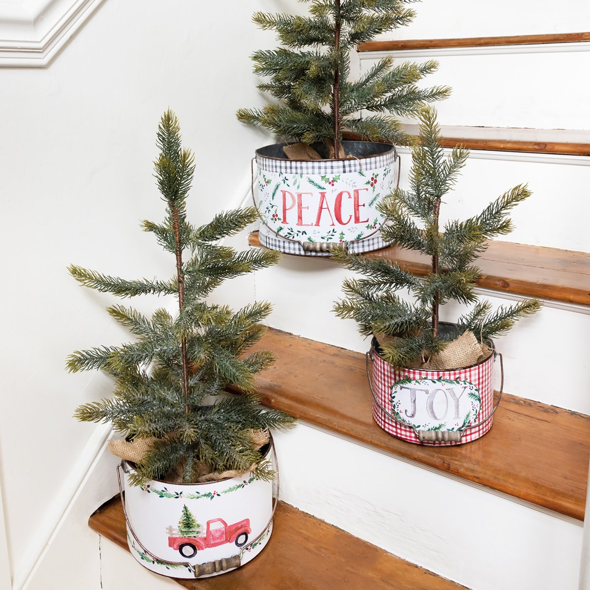 Festive Watercolor Joy & Peace Holiday Bucket Set - Galvanized Metal Storage