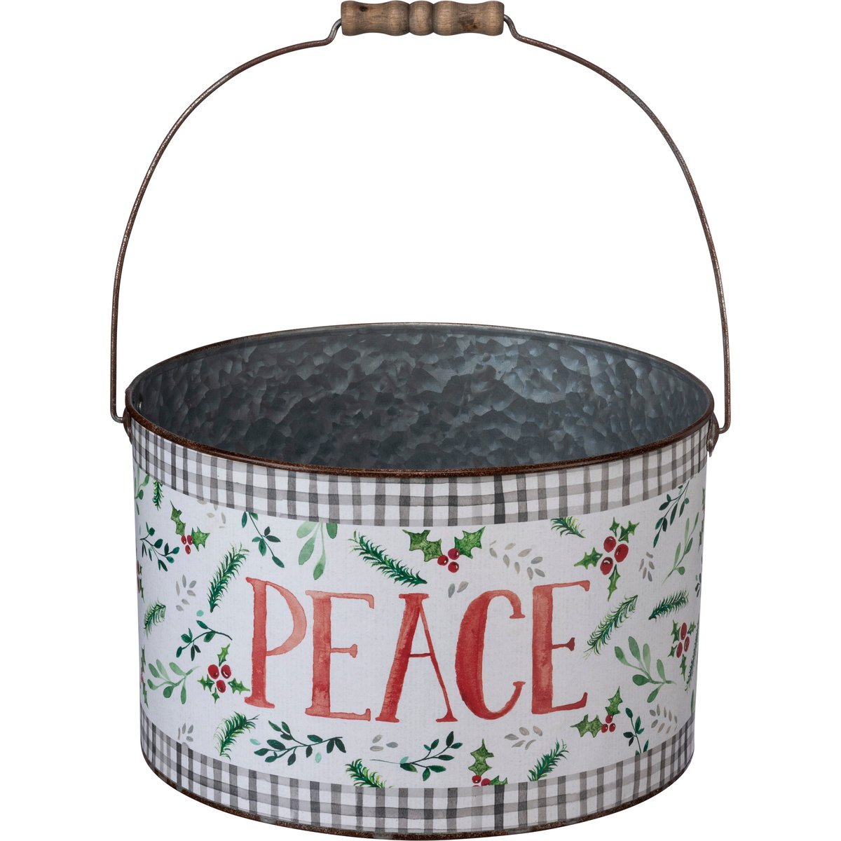 Festive Watercolor Joy & Peace Holiday Bucket Set - Galvanized Metal Storage