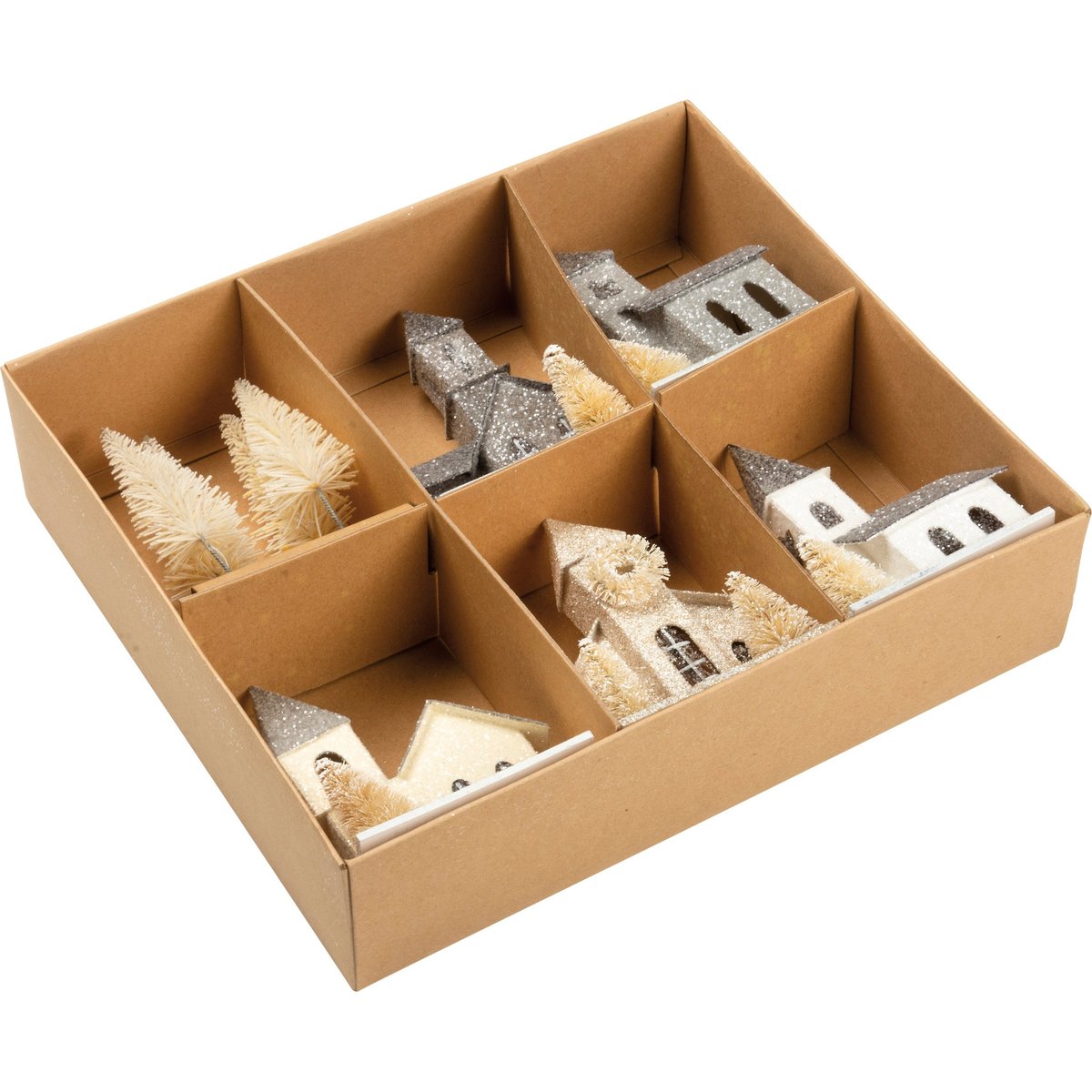 Snowy Village Churches & Trees Sitter Set - Festive Holiday Decor