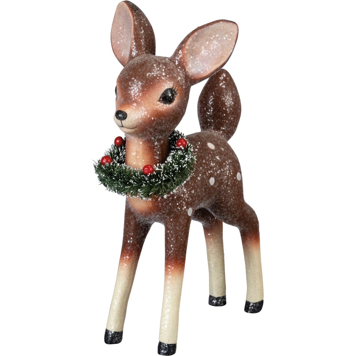 Retro-Inspired Glittery Standing Fawn Figurine with Bristled Wreath Collar