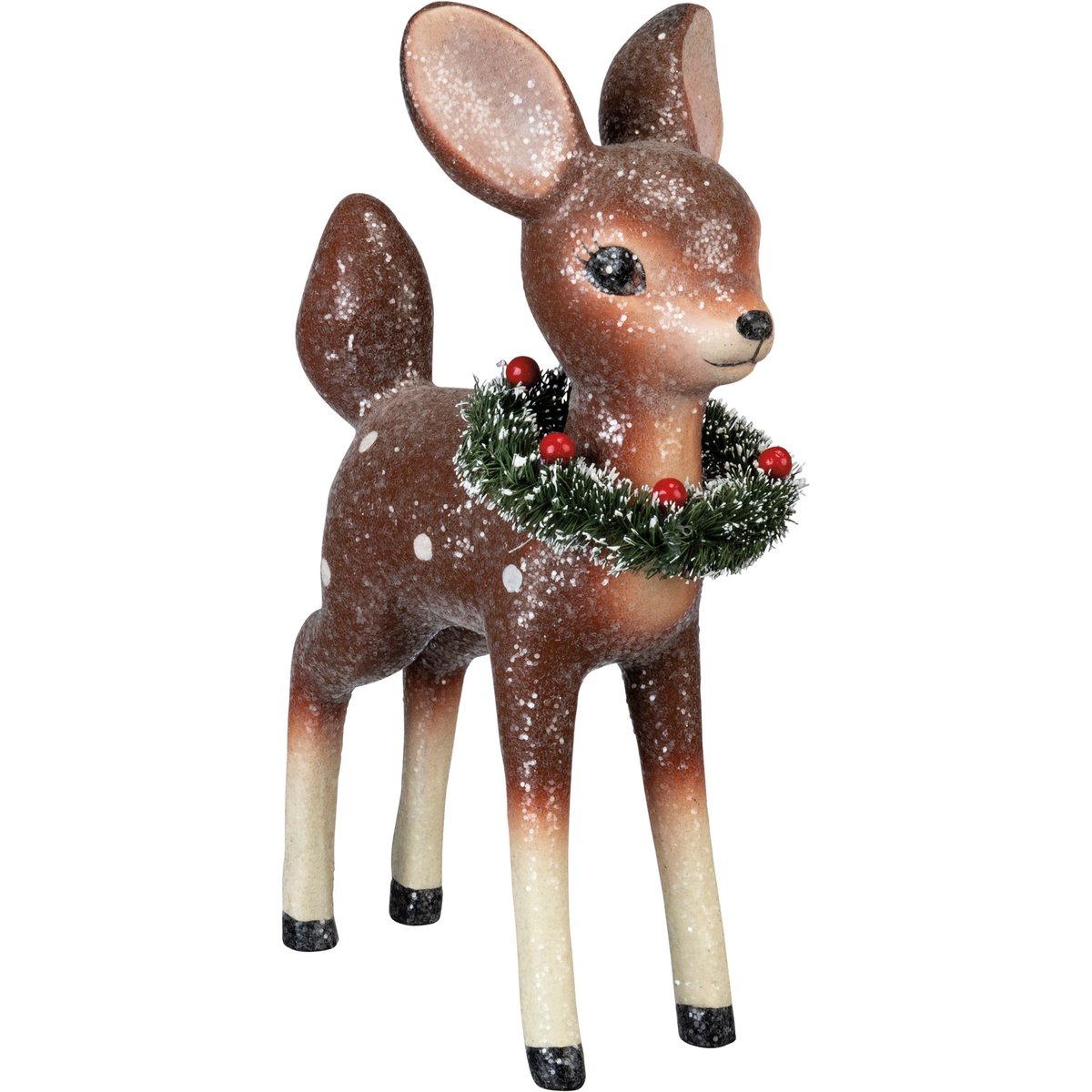 Retro-Inspired Glittery Standing Fawn Figurine with Bristled Wreath Collar