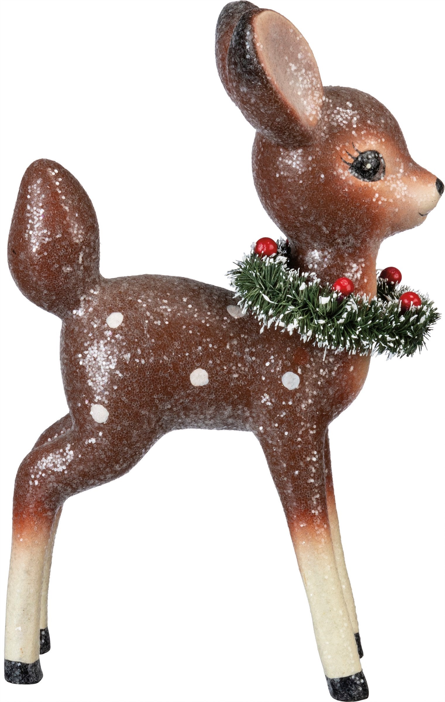 Retro-Inspired Glittery Standing Fawn Figurine with Bristled Wreath Collar