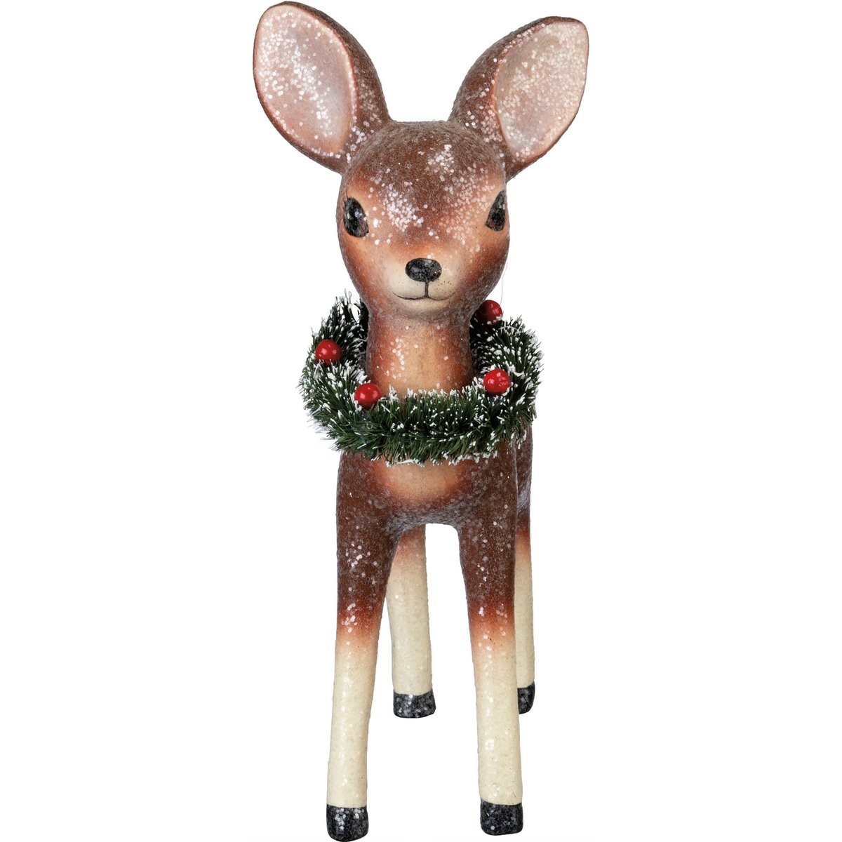 Retro-Inspired Glittery Standing Fawn Figurine with Bristled Wreath Collar
