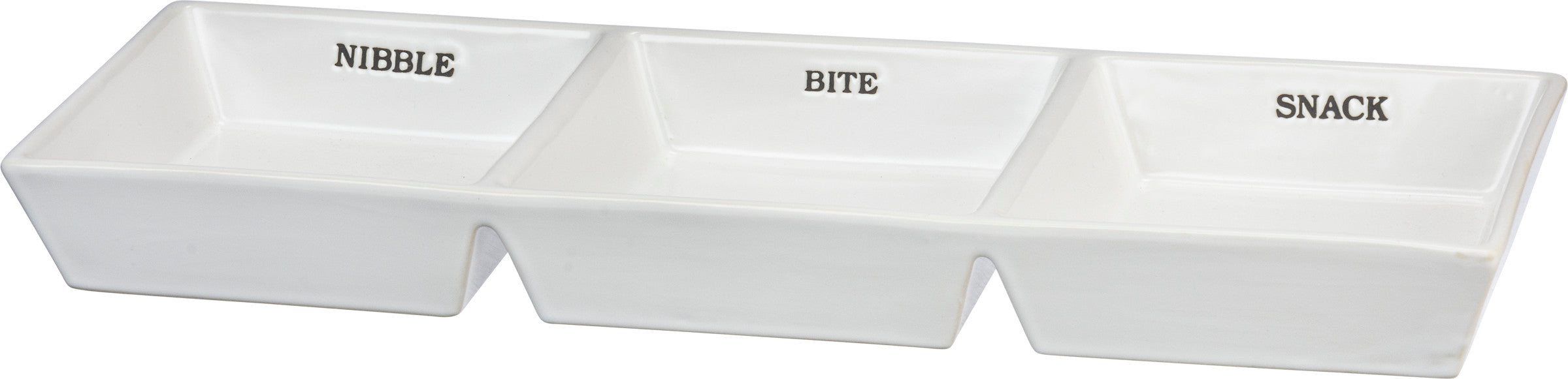 Charming White Stoneware Divided Serving Tray with "Nibble, Bite, Snack" Sections