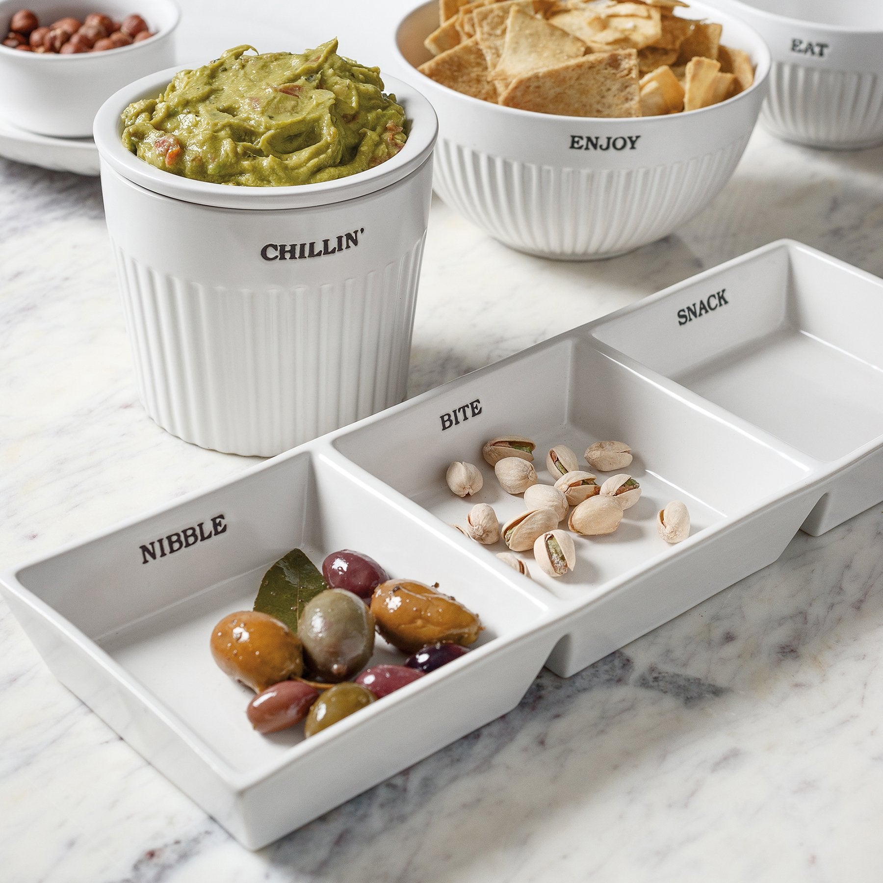 Charming White Stoneware Divided Serving Tray with "Nibble, Bite, Snack" Sections