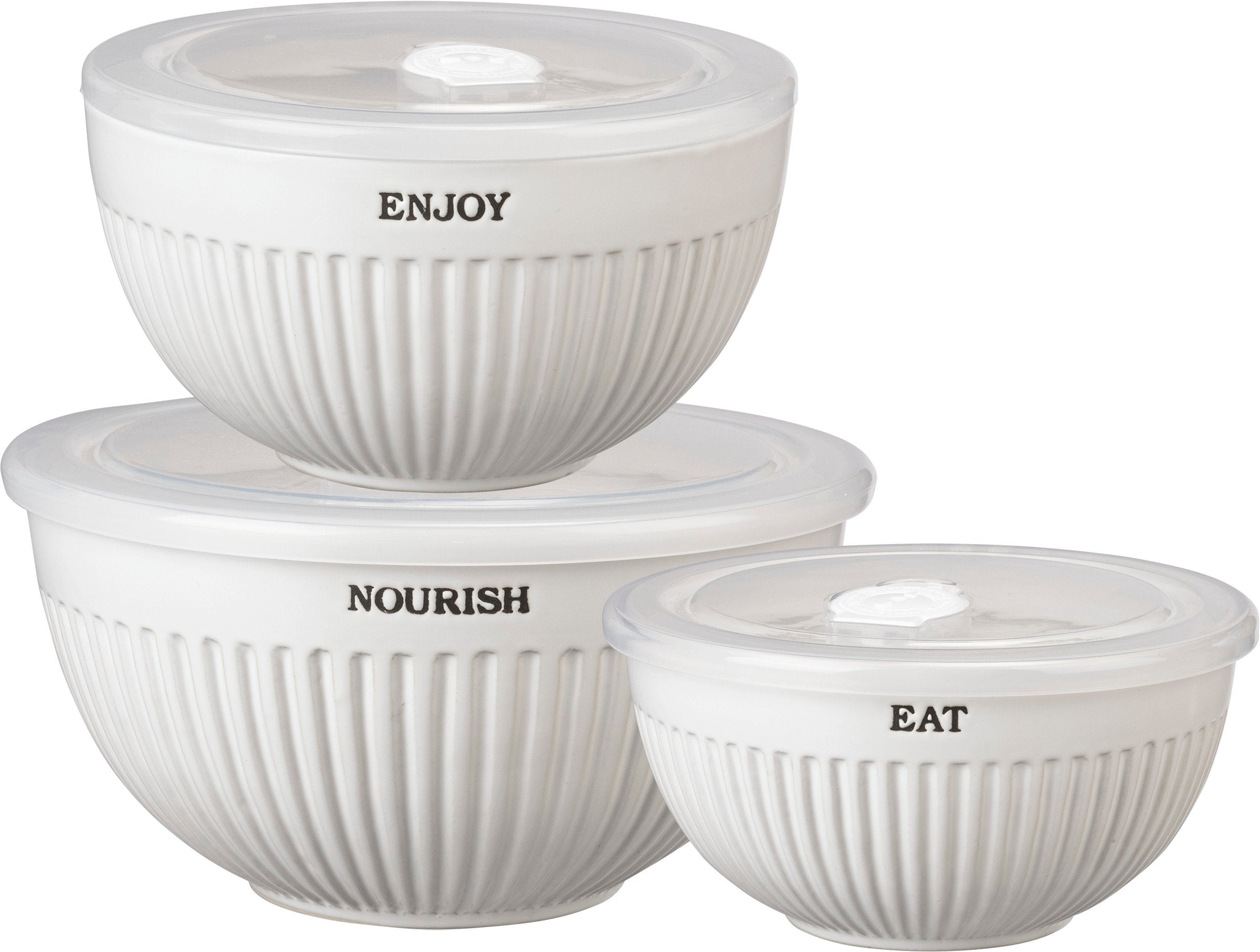 Primitives by Kathy 3-Piece Stoneware Nesting Bowl Set with Lids, Debossed Sentiments
